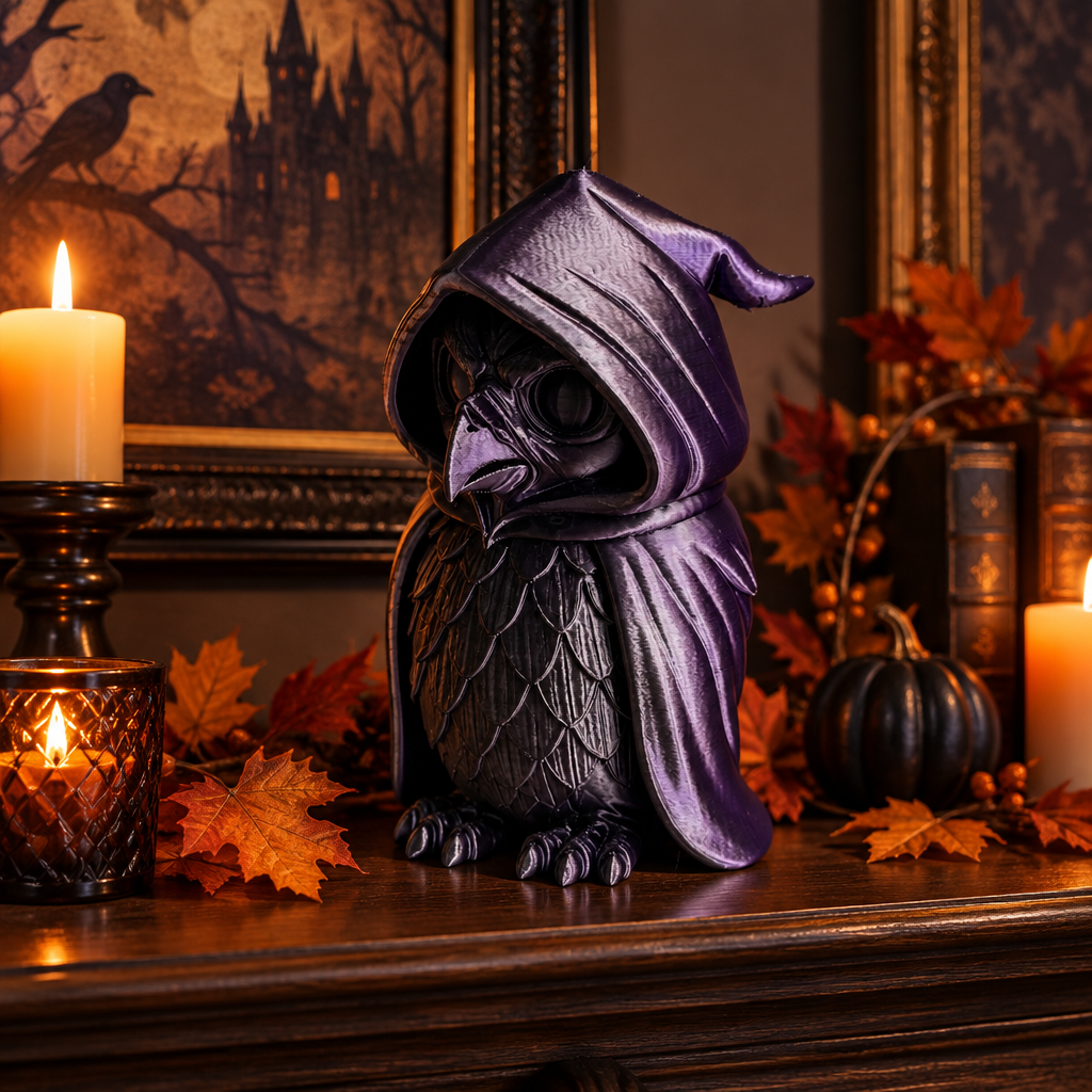 Cloaked Owl sculpture on a Halloween mantel