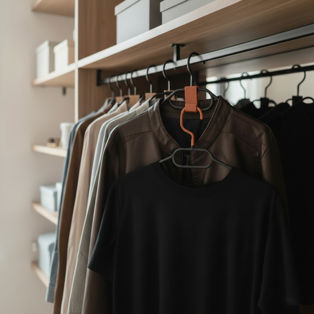 Terracotta orange hanger hook connecting two hangers in a boho wardrobe