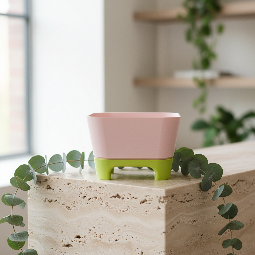 Two-Part Raised Planter lilac and lime on travertine