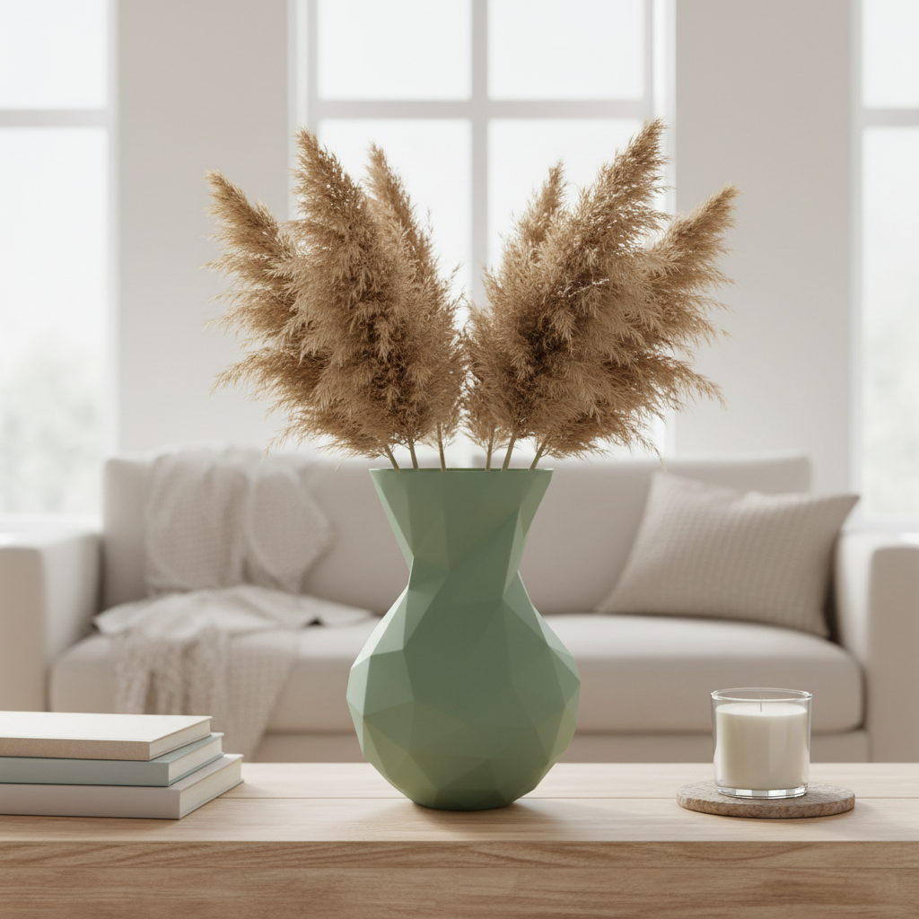 Sage green low poly vase with dried pampas grass on a wooden sideboard in a Scandinavian interior