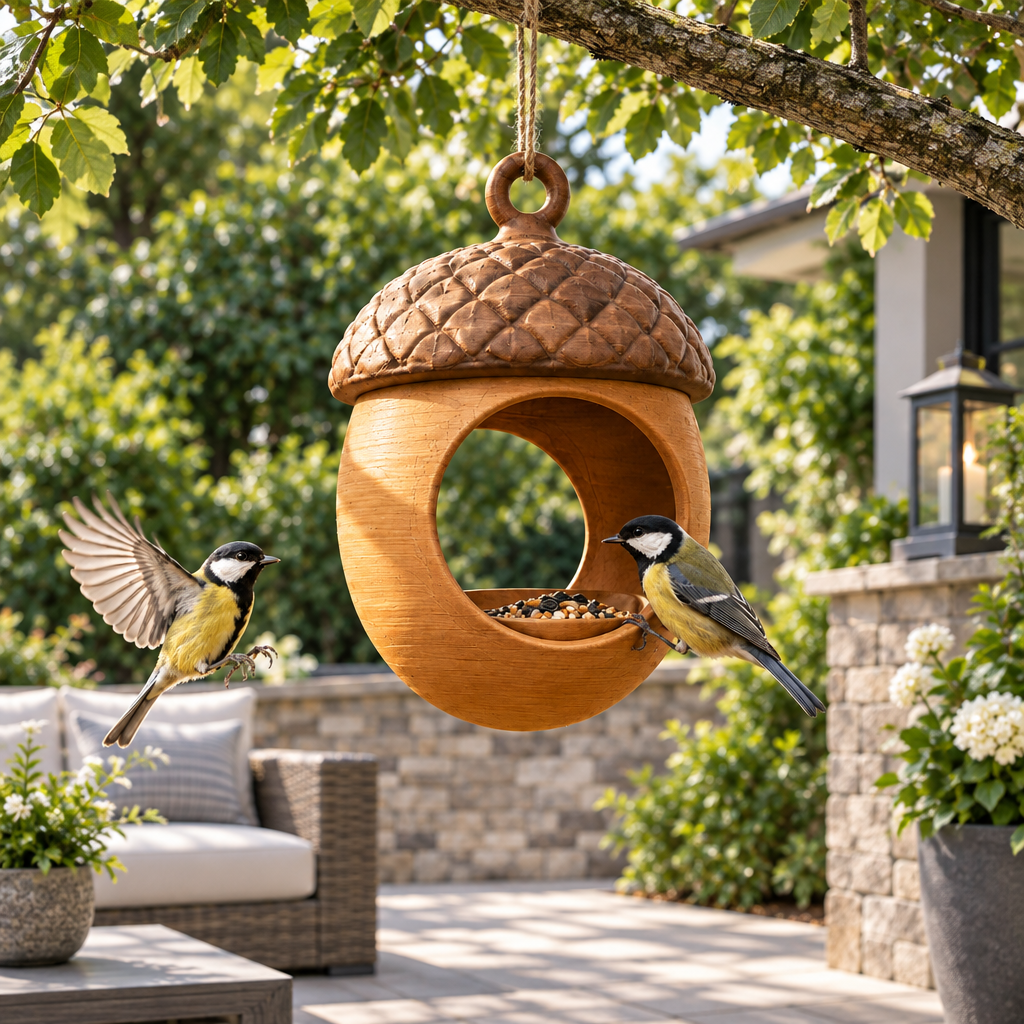 Acorn feeder on stone patio