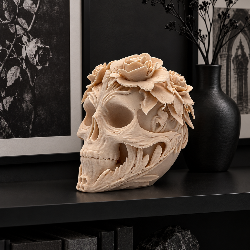 Botanical skull sculpture directly on a matte black shelf