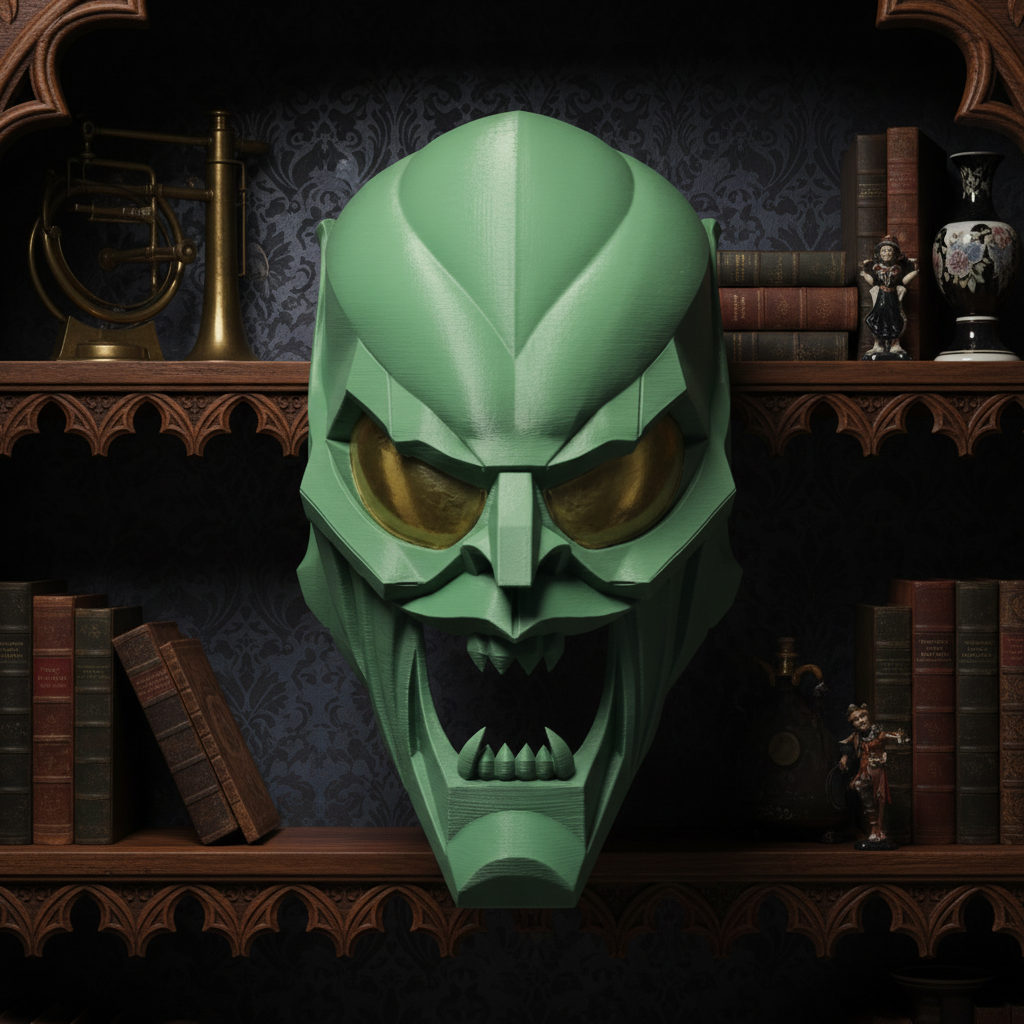 Clean green geometric villain mask sculpture displayed on a dark wood collector shelf