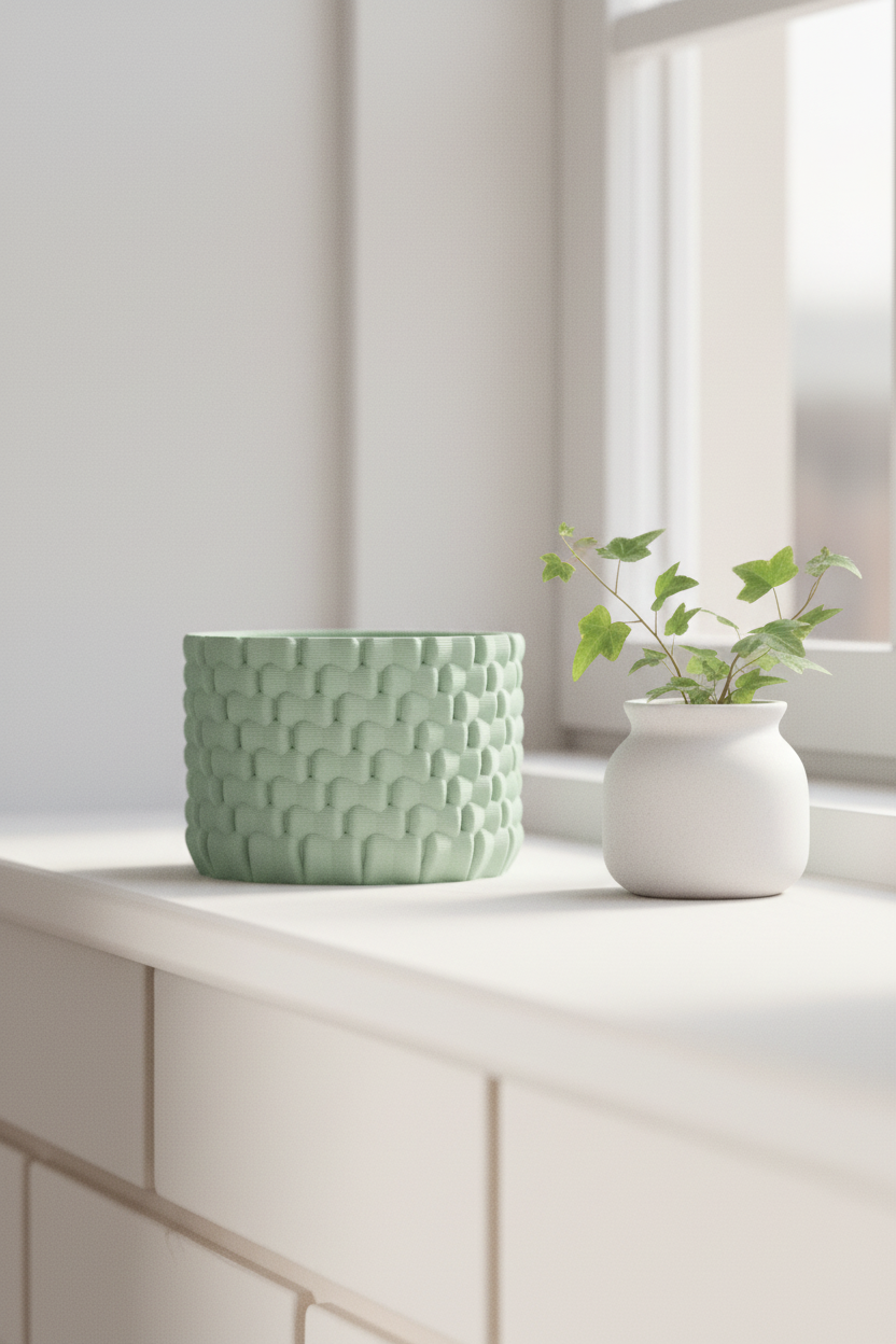 Woven Texture Tealight Holder sage green woven basket-weave surface windowsill natural daylight ceramic pot trailing ivy bright Scandinavian interior