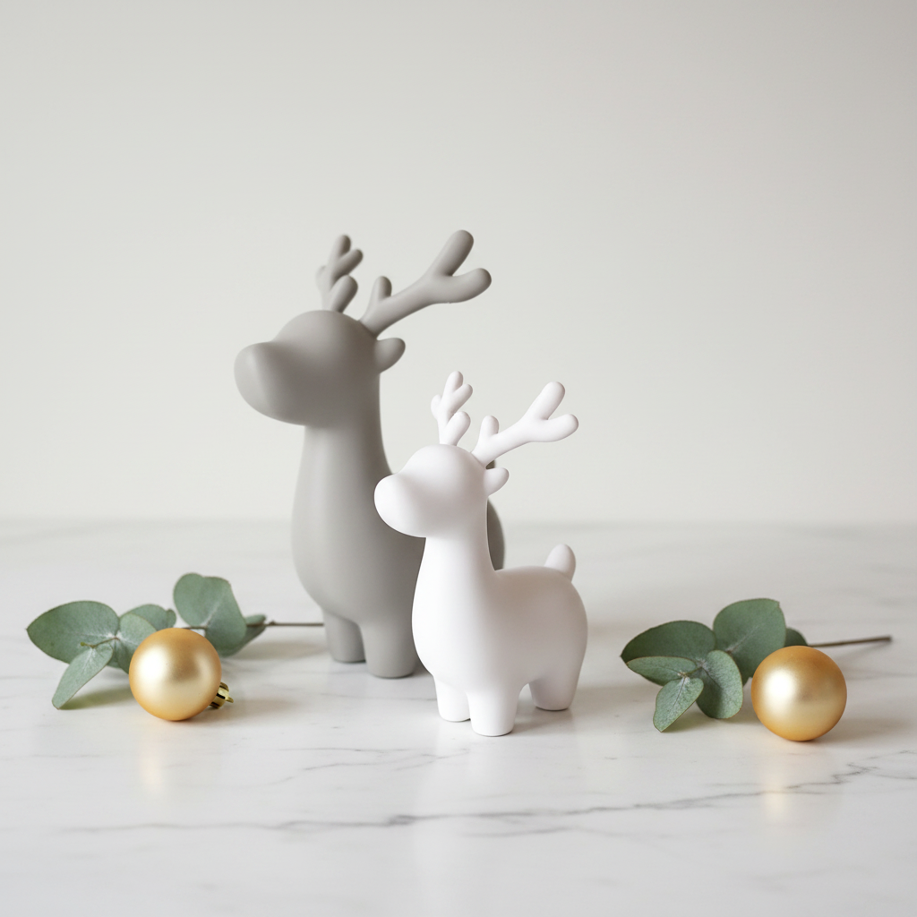 White and grey reindeer on marble surface with eucalyptus and gold bauble lifestyle