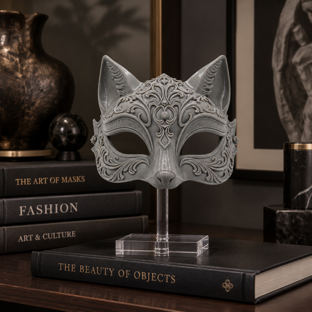 Ornate grey cat mask displayed among stacked dark art books