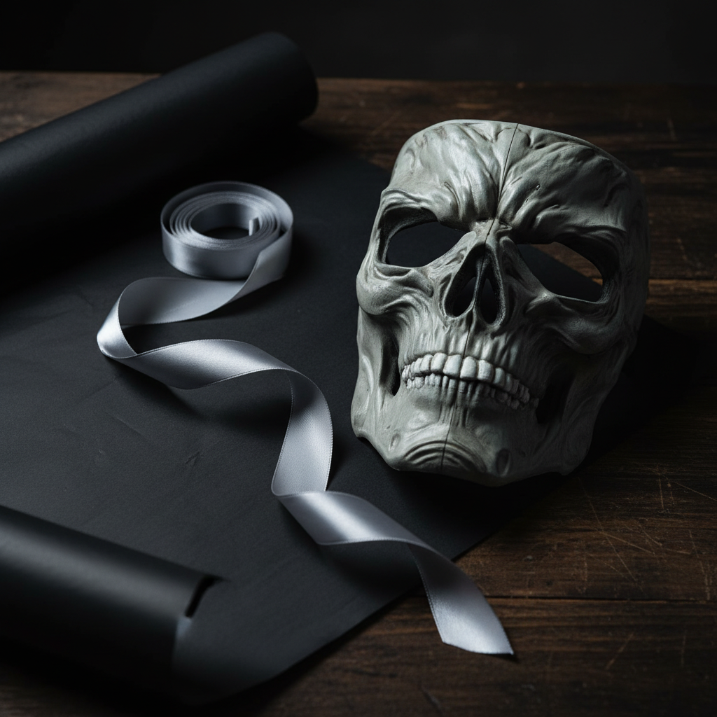 Gray gothic skull mask sculpture as a spooky gift display
