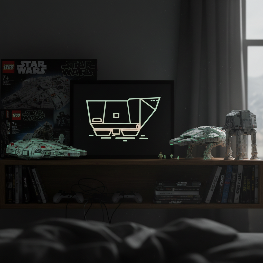 Sandcrawler neon line art shadow box glowing in a dark bedroom beside Star Wars Lego sets