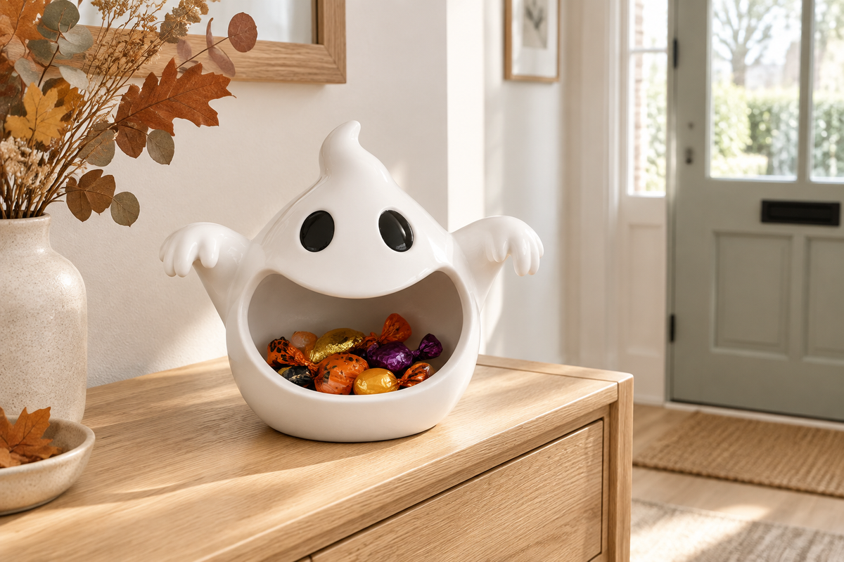 White ghost bowl with black eyes and extended arms on a light oak entry console