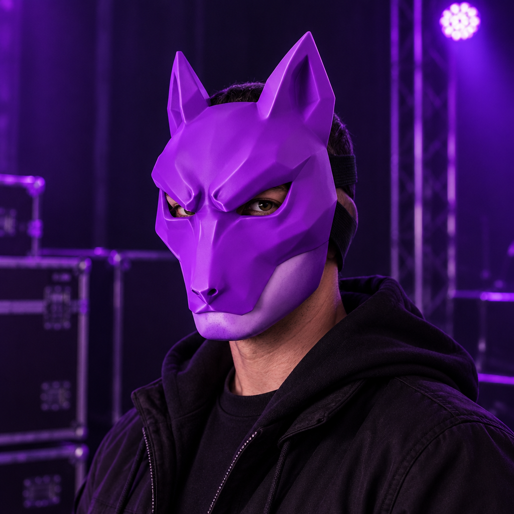 Neon purple Kitsune Wolf Mask worn at a cosplay event