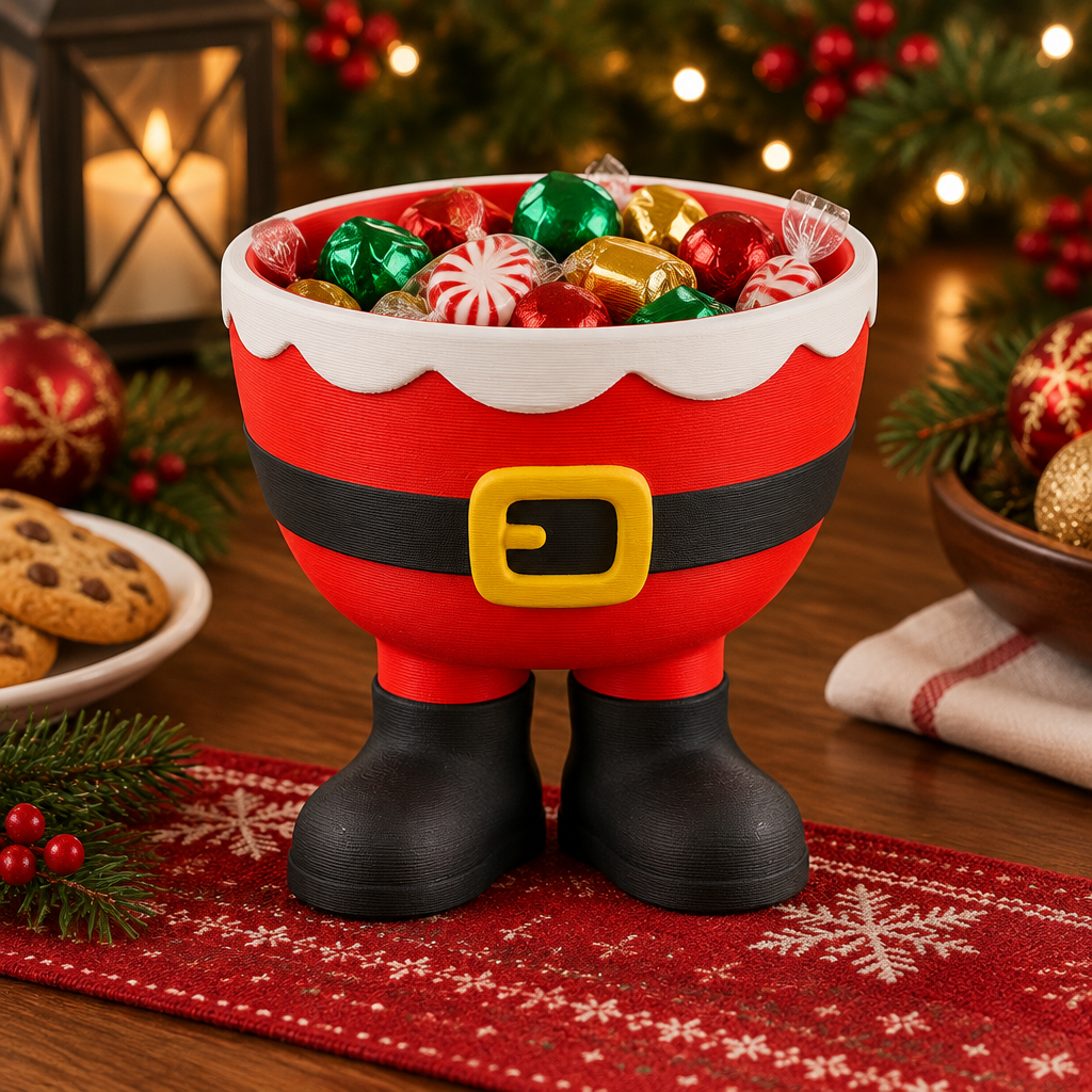 Elevated view of wrapped treats inside the Santa legs sweet bowl
