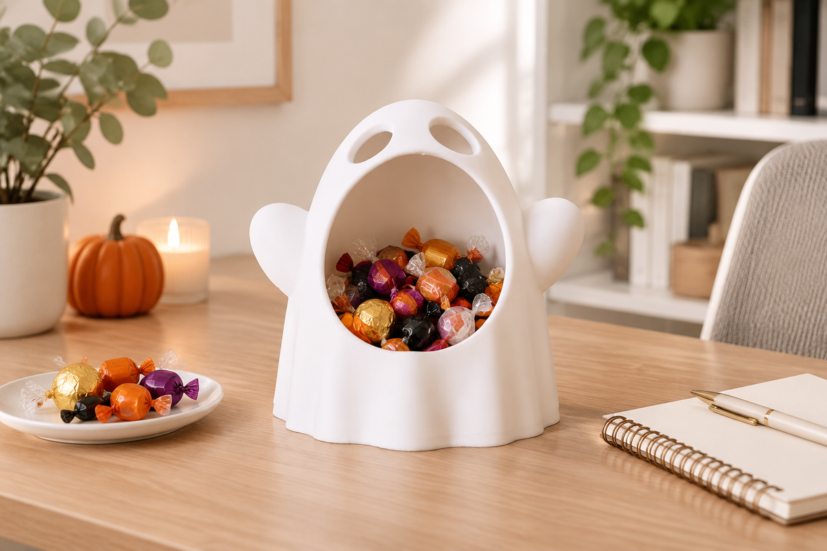 White wide-mouthed ghost sweet bowl holding wrapped treats on a home-office desk