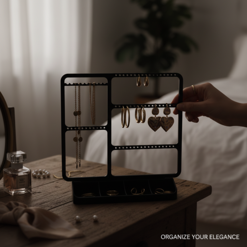 Matte black jewellery organizer on dark oak surface with gold jewellery, moody dramatic