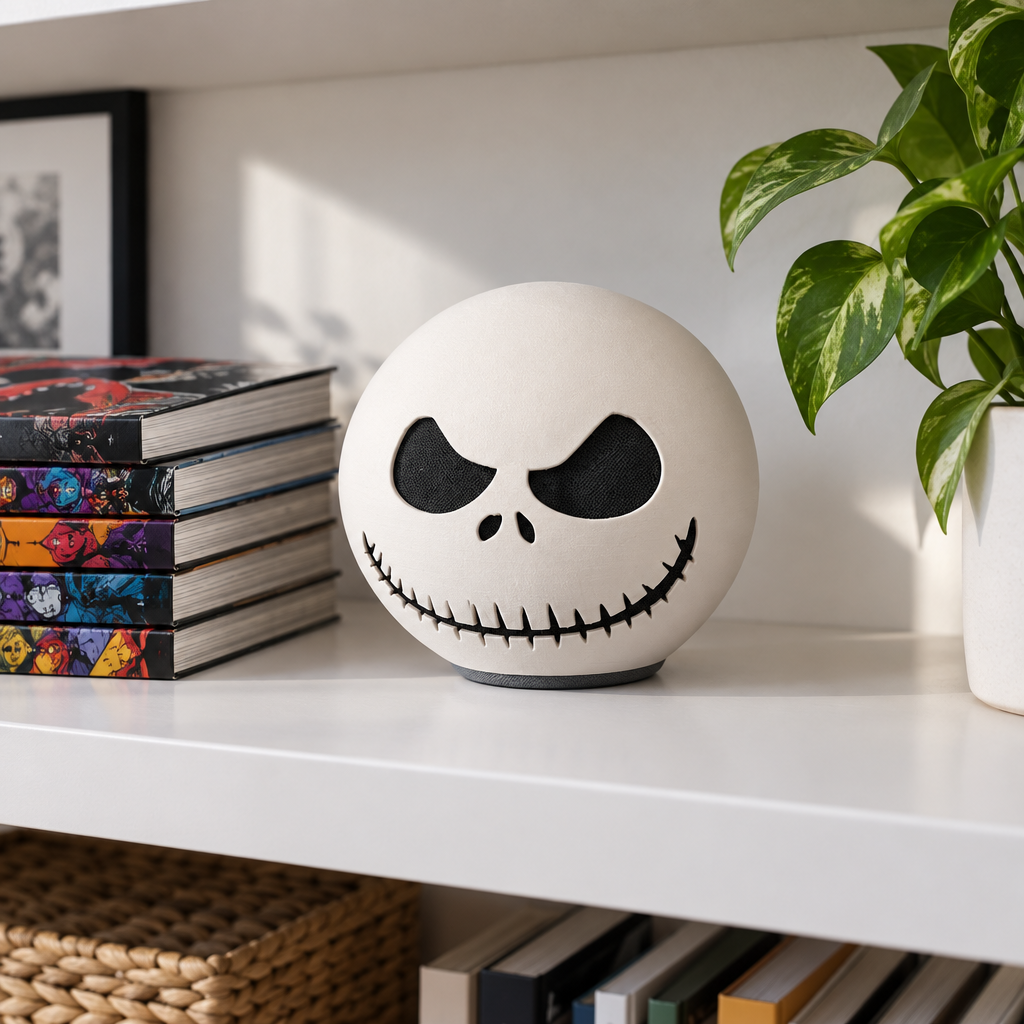 Jack Skellington shell on a white bookshelf beside a stack of comics