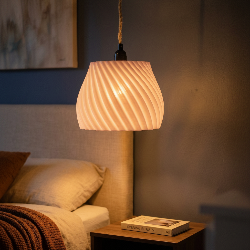 Pink twisted pendant above cosy bedroom bedside - lifestyle