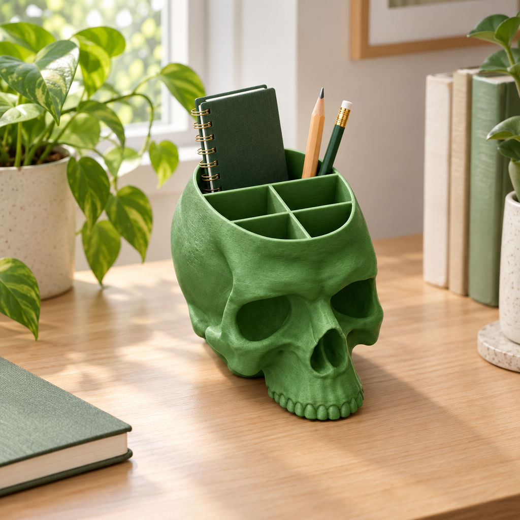 Green skull desk organiser with stationery on a light wood desk