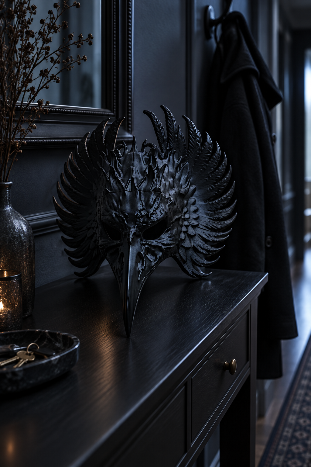 Black feathered Raven Mask displayed on a dark hallway console