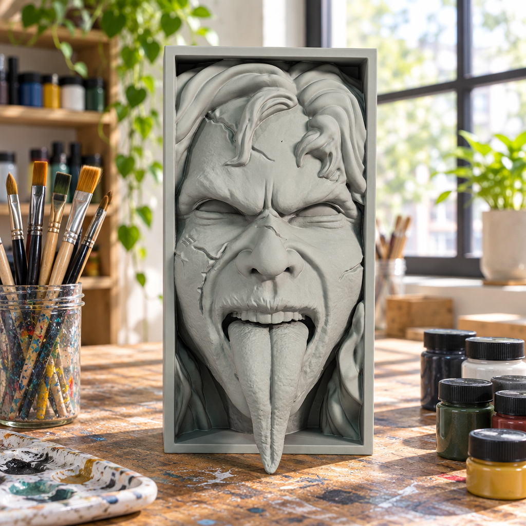 Paint-ready Exorcist shadow box on an artist studio workbench