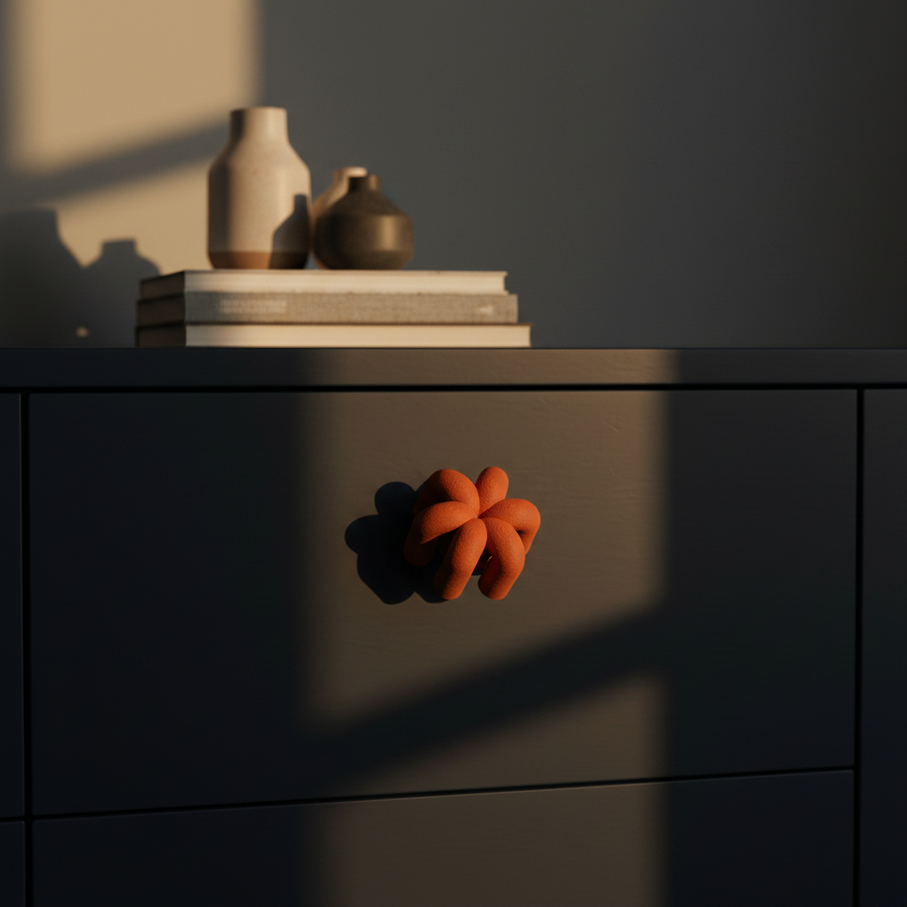 Wibble Cabinet Handle terracotta orange on navy sideboard lifestyle