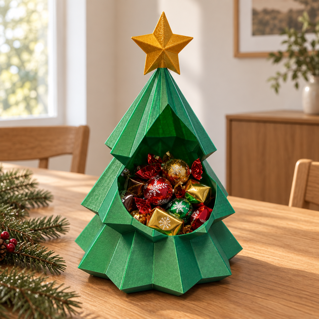 Green Christmas tree snack bowl with wrapped chocolates on a light oak dining table