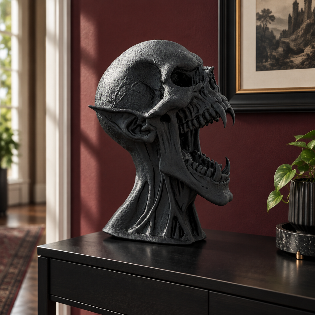 Black Vampire Skull displayed on a side table against a burgundy hallway wall