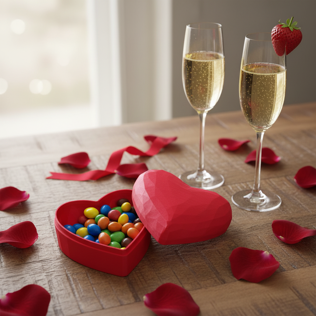 Heart-Shaped Low-Polygon Gift Box in red — open with sweets on wooden table with champagne and rose petals