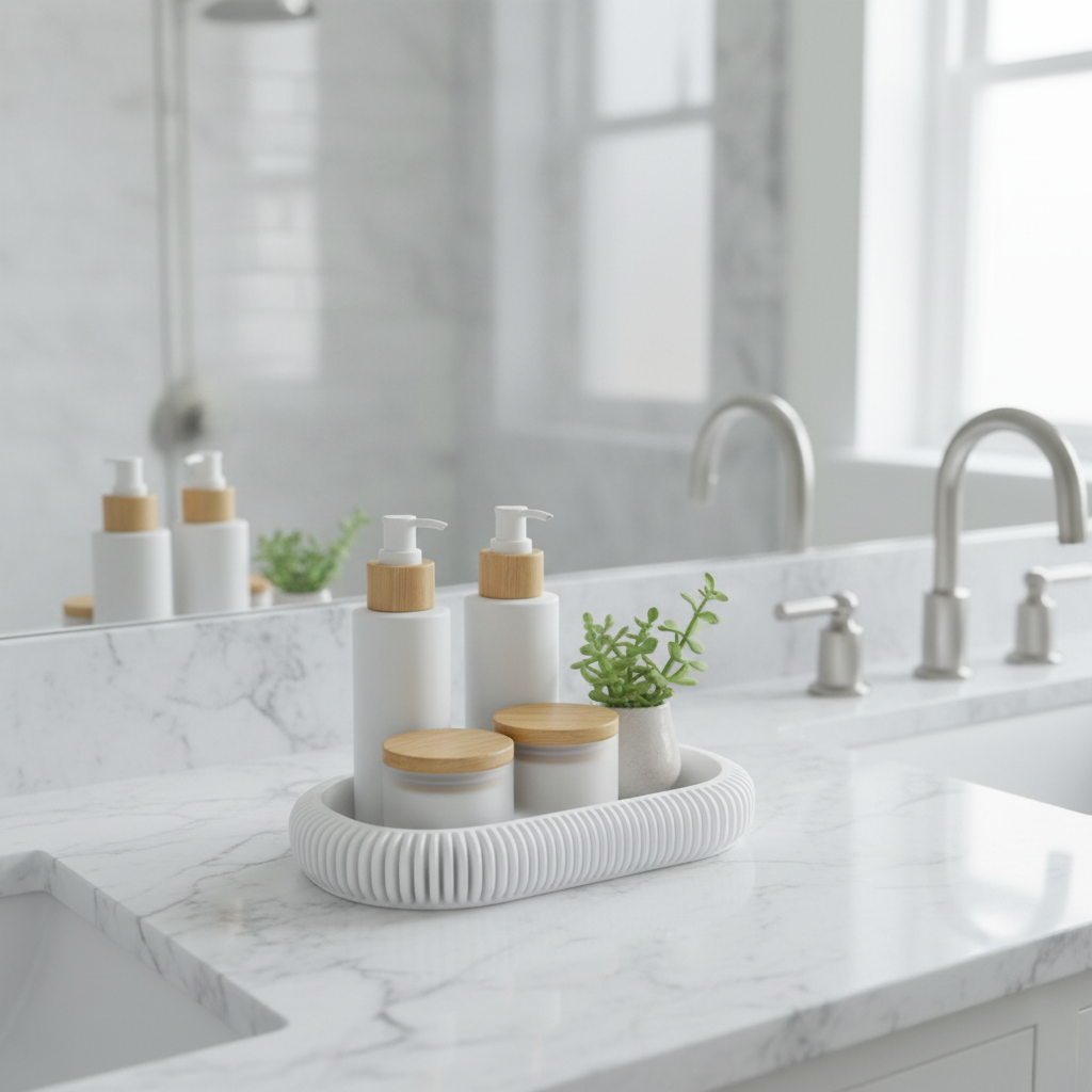 Modern Japandi Tray - White colourway on marble bathroom