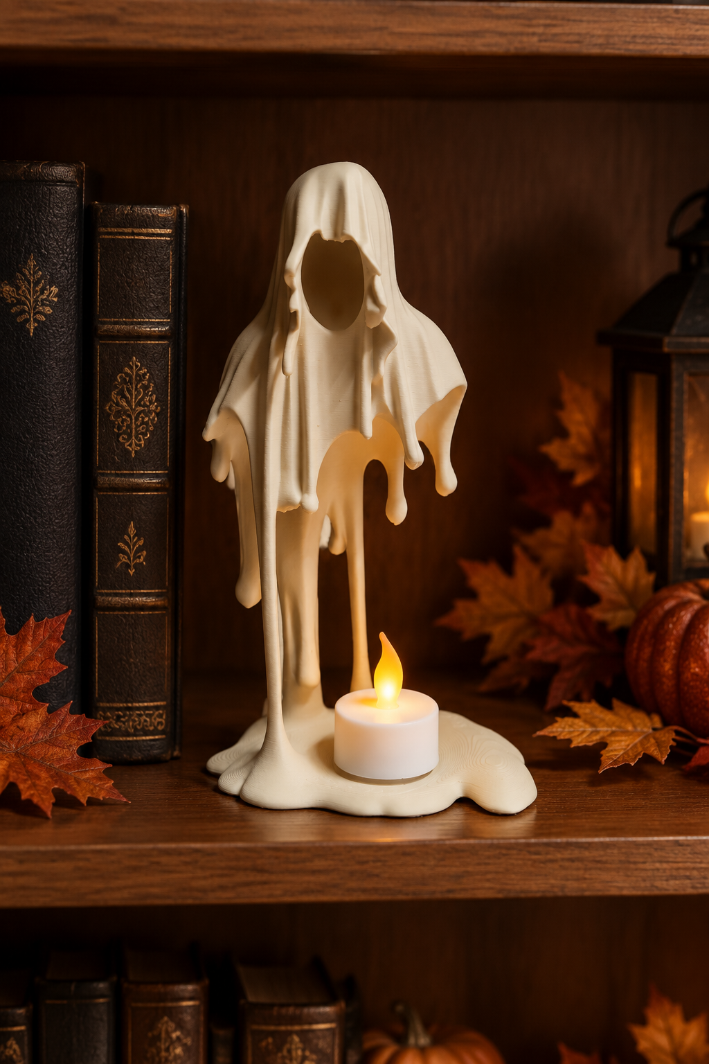 Pale Grim Reaper tealight holder displayed among dark books and autumn foliage