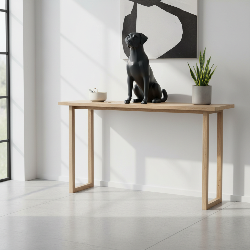Matte black Labrador statue on an entryway console table with a key bowl and plant
