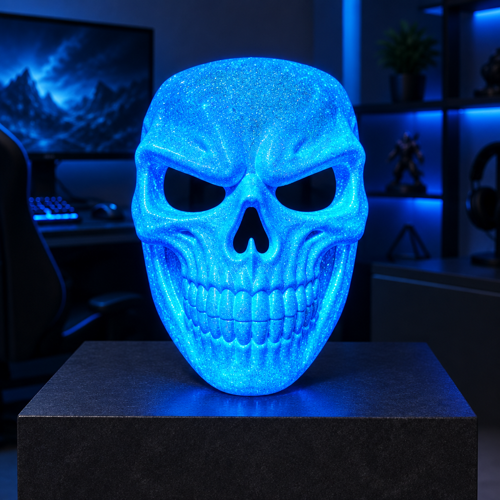 Neon Glitter Glow Blue Grinning Skull Mask displayed in a gaming room.
