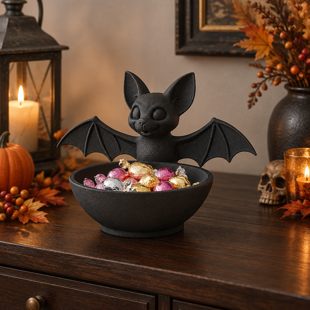 Black Bat Sweet Tray with wrapped sweets on a Halloween sideboard