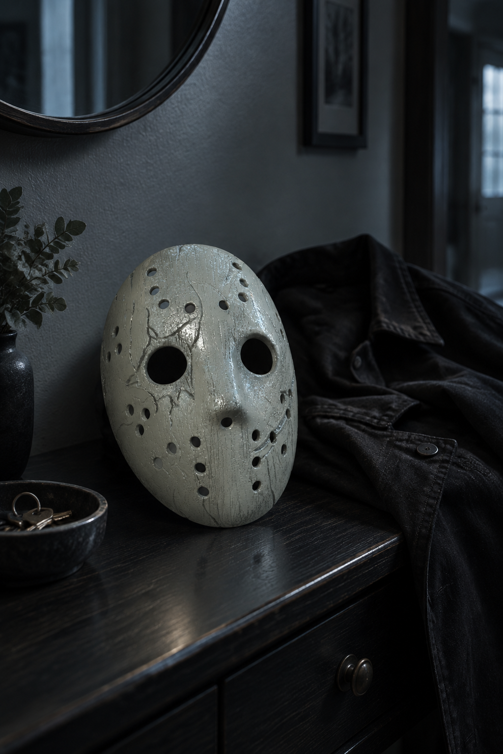 Pale weathered Jason Mask displayed on a dark hallway console