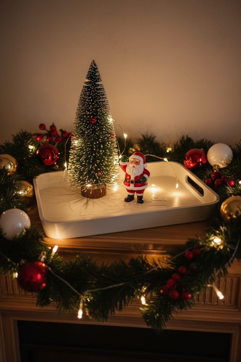 Winter village tray as Christmas decoration display with miniature tree and fairy lights on mantelpiece lifestyle