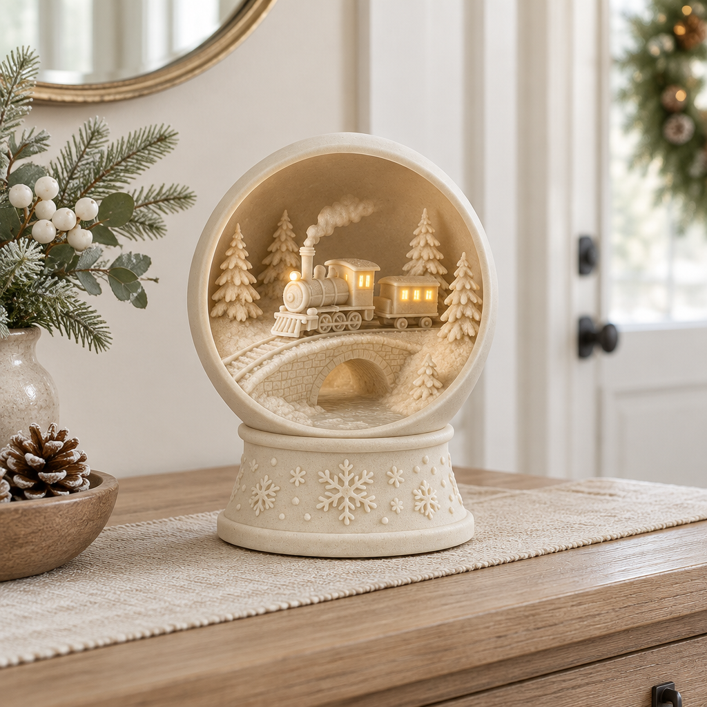 Snow globe tealight holder displayed on a winter entry console