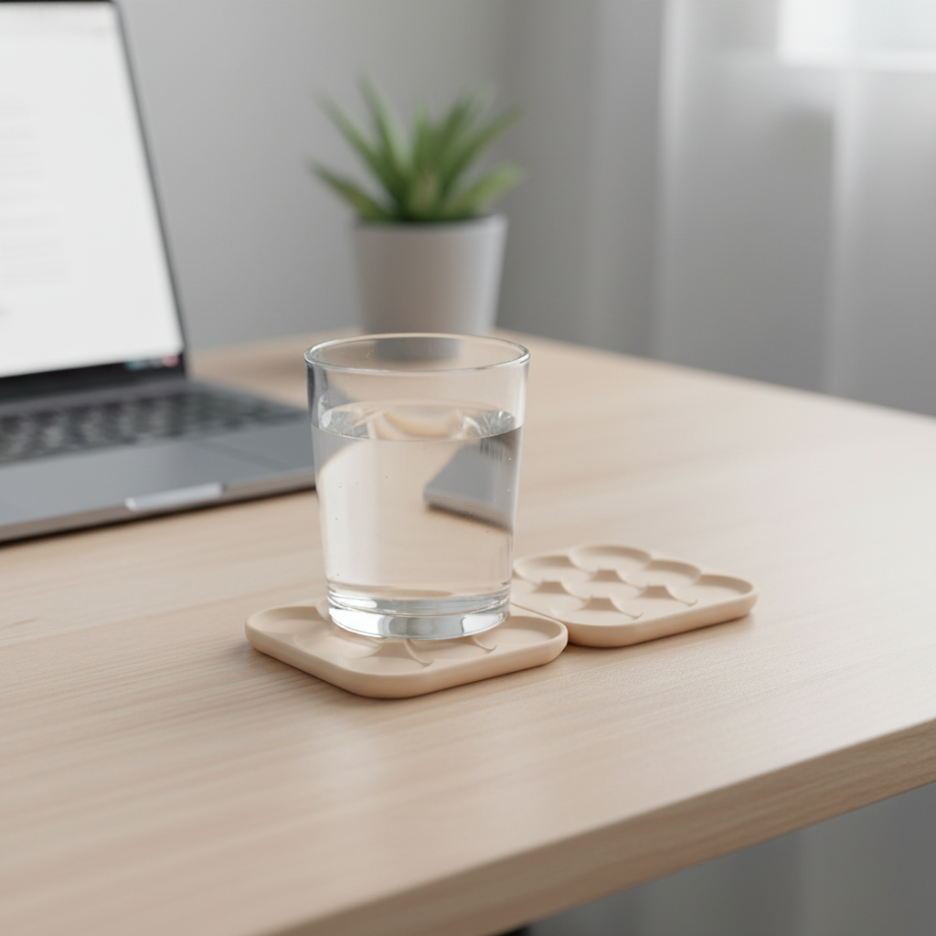 Beige dual coaster on home office desk - lifestyle