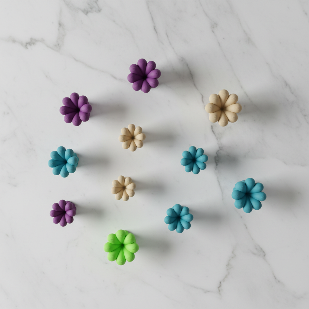 Multi-colour wibble handles flat lay overhead - lifestyle