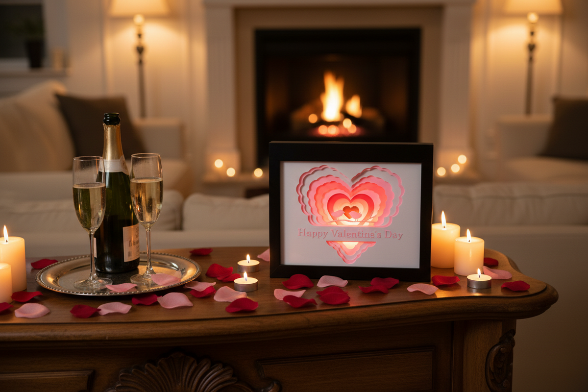 Valentine's Day shadow box glowing on mantelpiece with champagne and candlelight