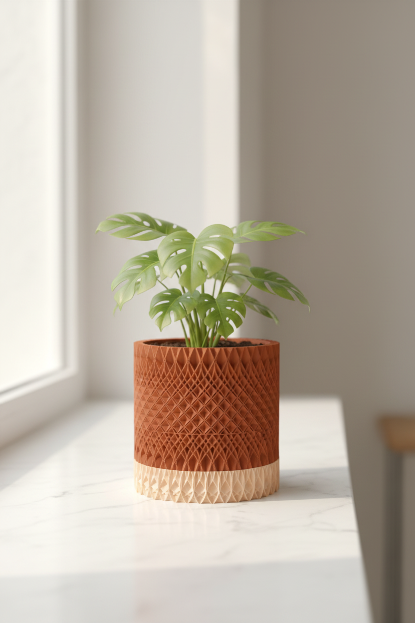 Geometric Textured Plant Pot terracotta orange diamond lattice two-tone matching pale peach drainage saucer base holding small Monstera white marble windowsill contemporary interior