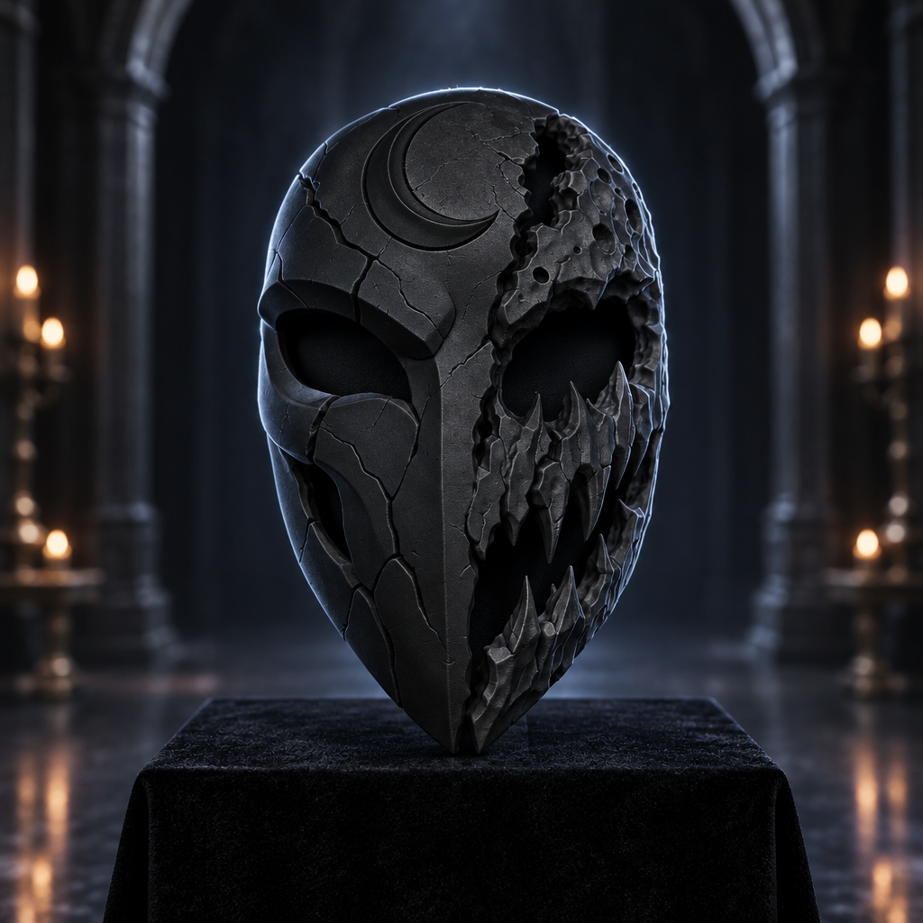 Black Mooneater Mask on a velvet display stand, strap not included.