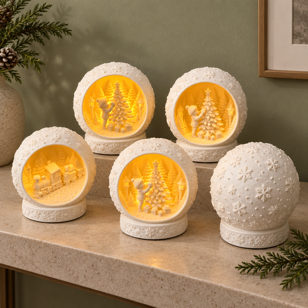 Five white snowflake scene tealight holders displayed on a stone console.