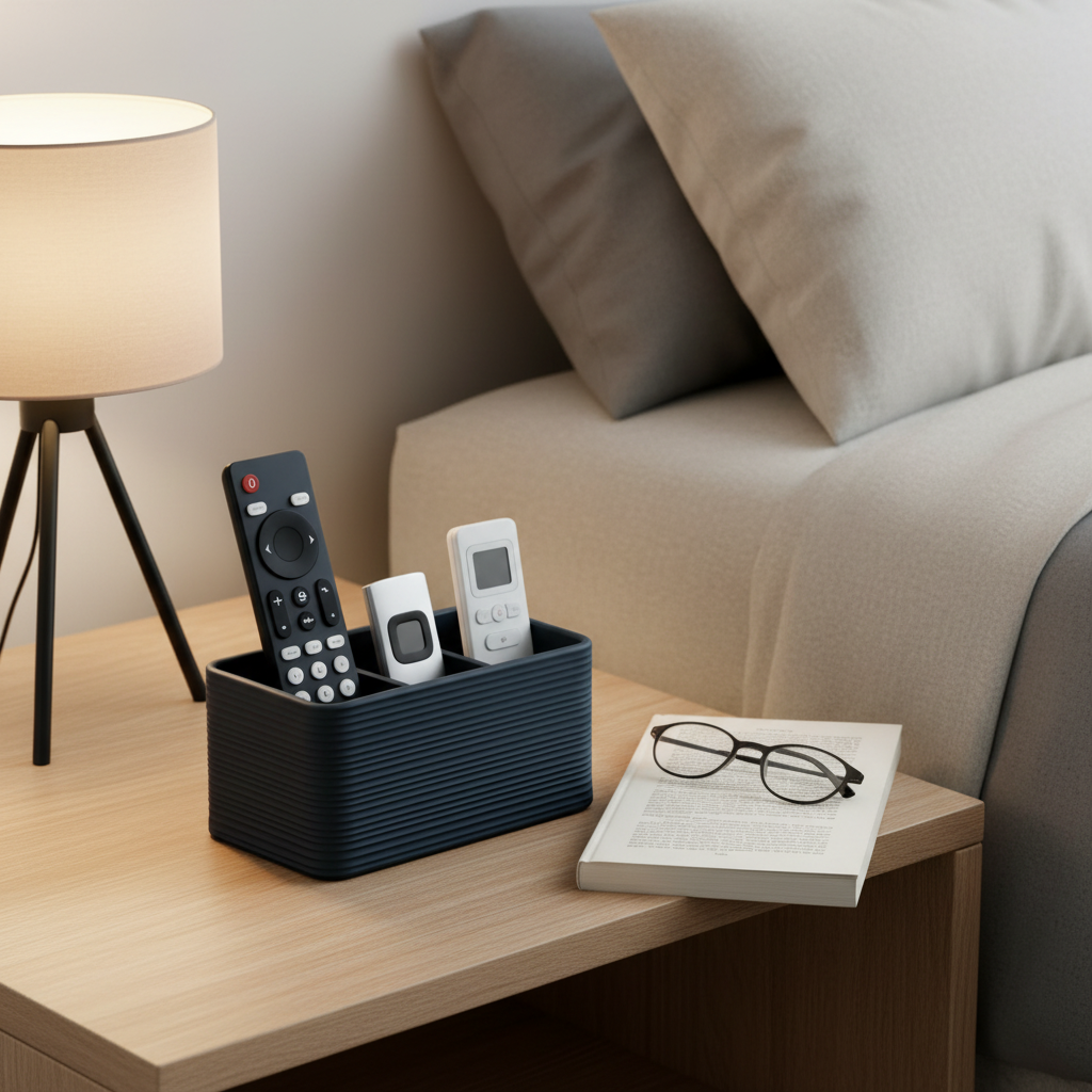 Ribbed remote holder with remotes on a bedside table with a lamp and book