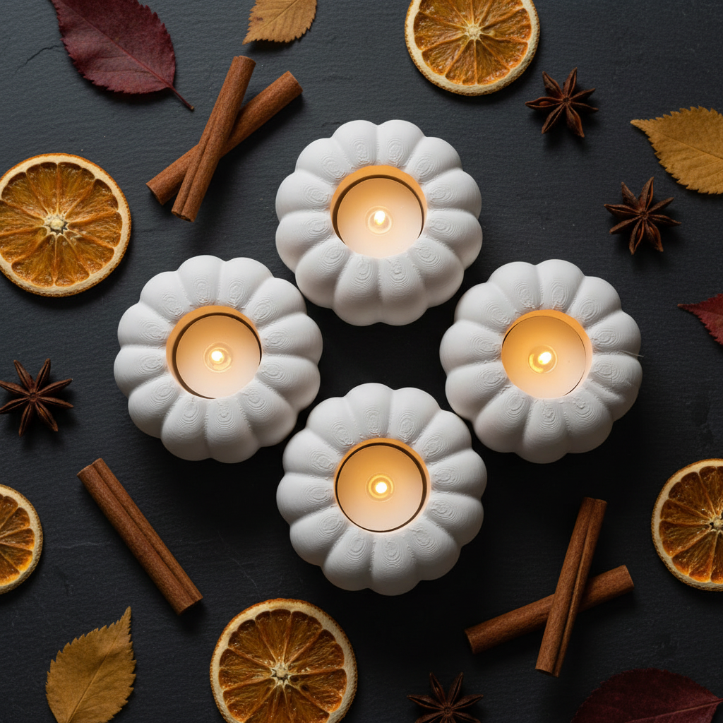 Three white pumpkin tealight holders glowing flat lay with cinnamon sticks and autumn leaves editorial lifestyle