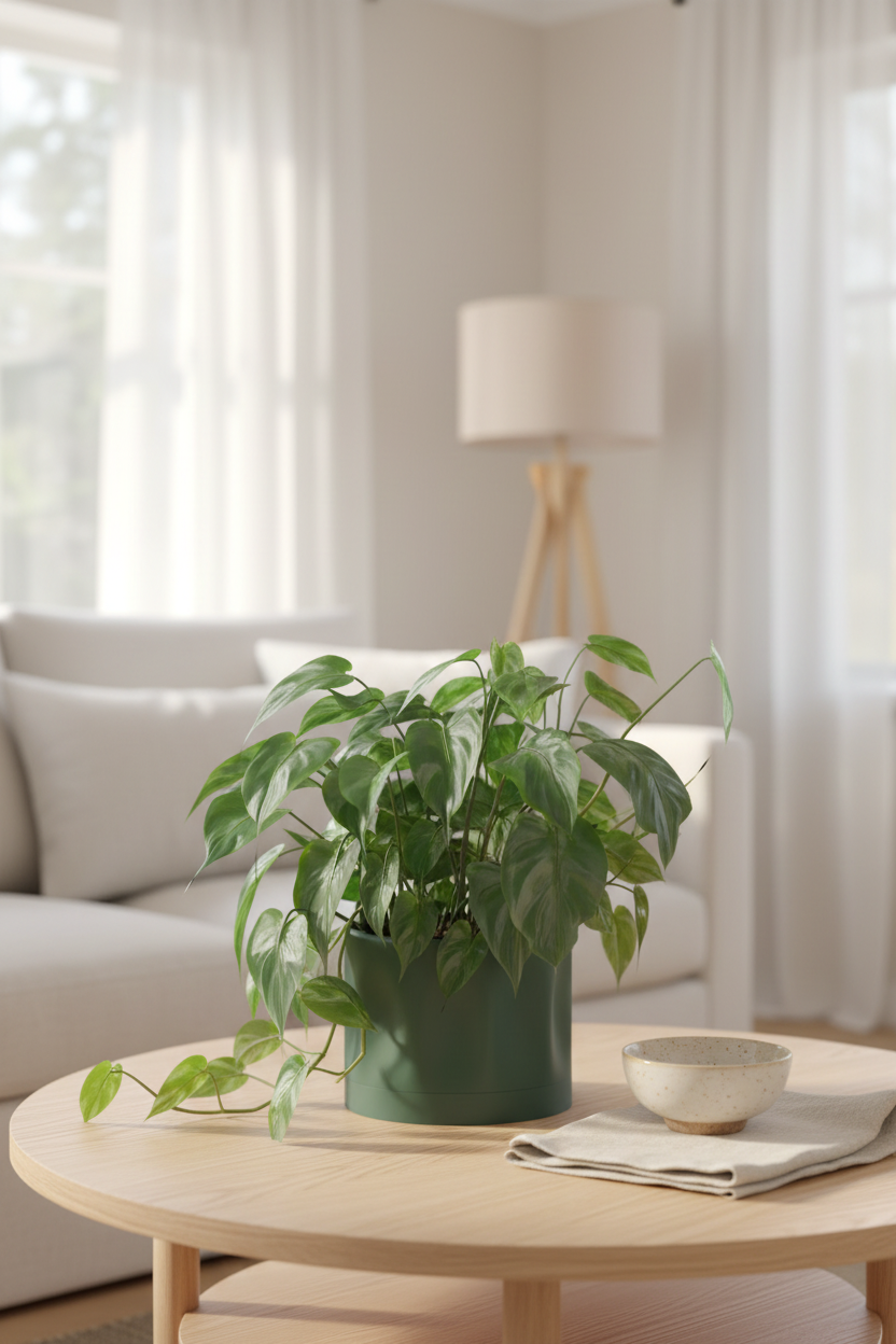 Minimal Rounded Planter sage green on oak coffee table Scandi living room