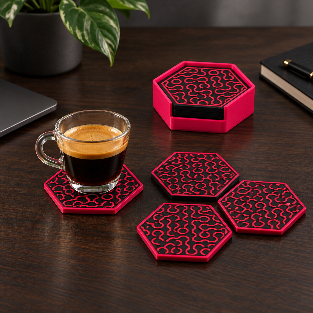 Truchet coaster beneath espresso cup on desk