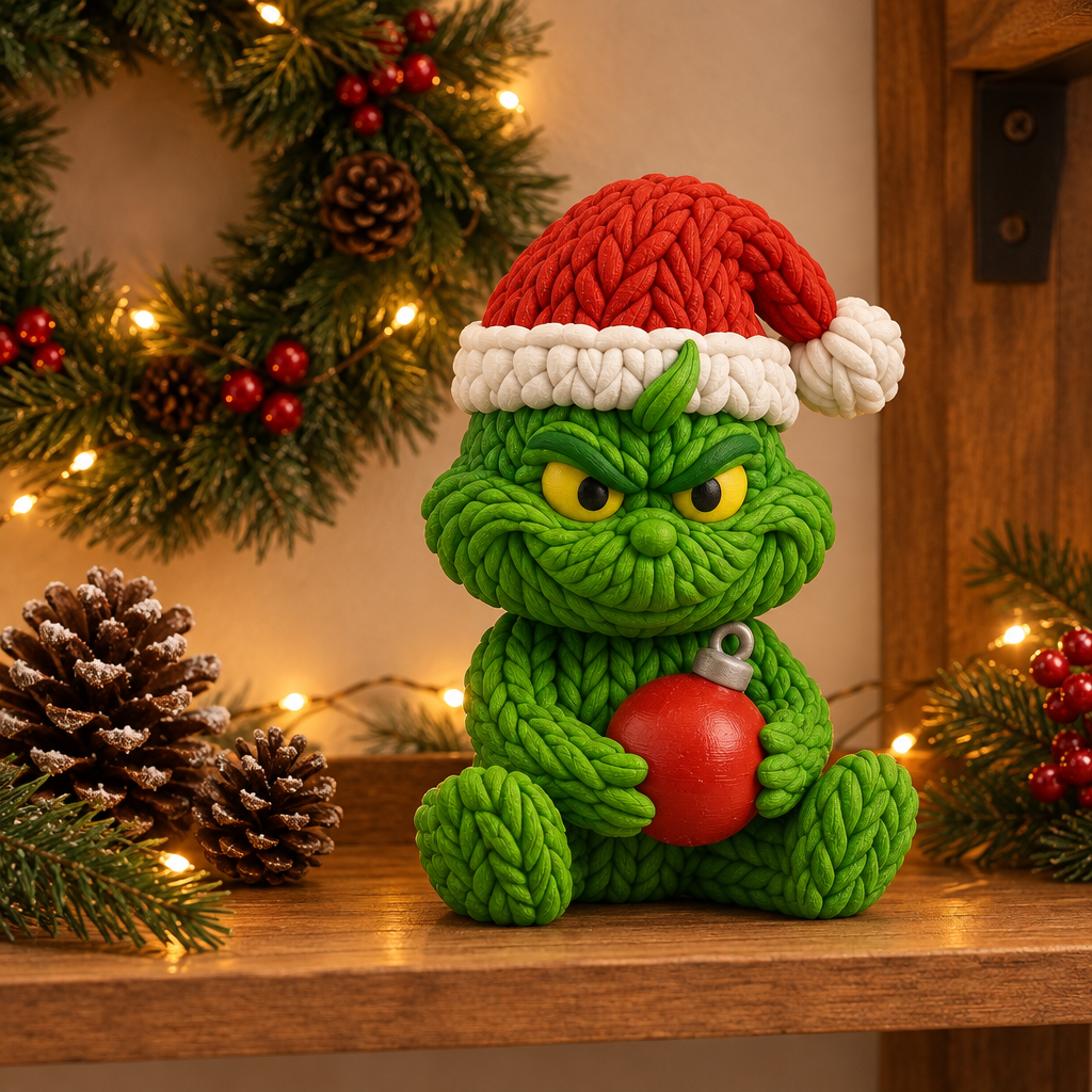 Knitted Grinch figure on a decorated Christmas shelf