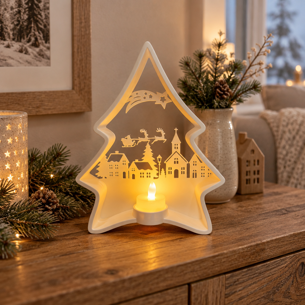 Christmas tree scene tealight holder styled on an oak sideboard with winter greenery