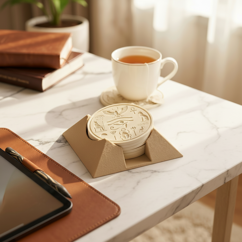 Ancient Egyptian Pyramid Coaster Set - White colourway on marble table