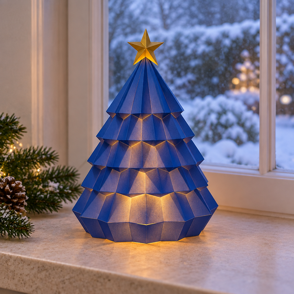 Blue tiered Christmas tree tealight holder with gold star topper by a snowy window