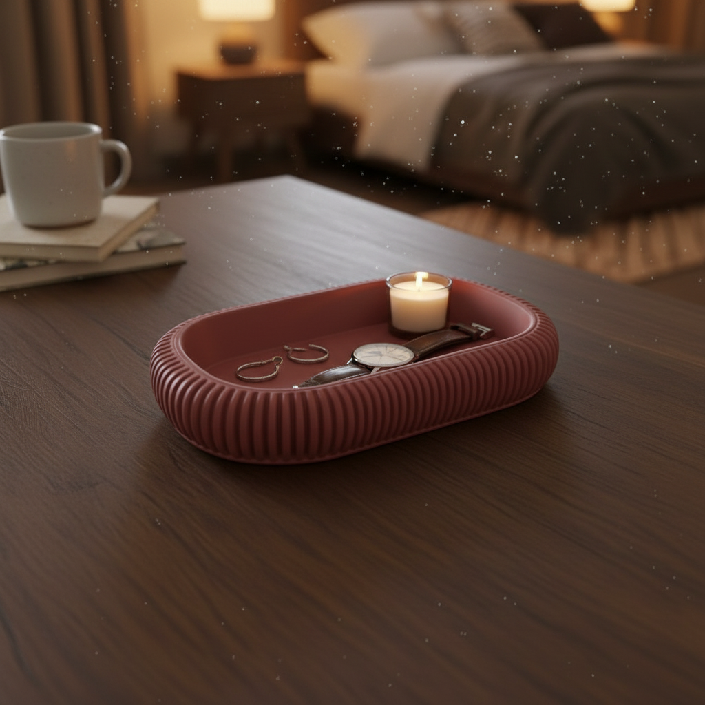 Modern Japandi Tray - Red colourway on bedside table