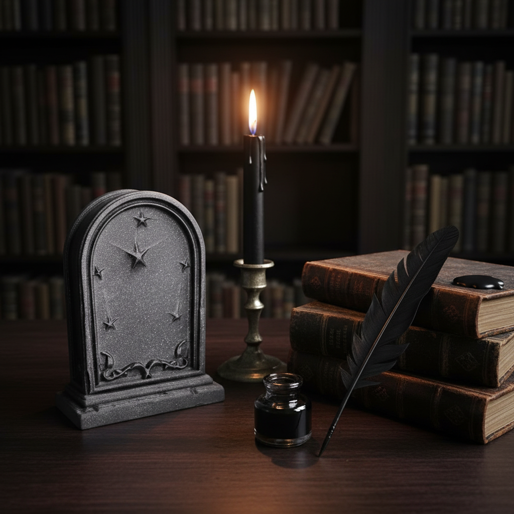 Grey gothic RIP tombstone on dark library desk with antique books quill and dripping candle lifestyle